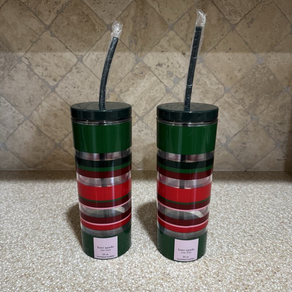 New‎ Kate Spade Jolly Stripe Insulated Tumbler w/ Straw 20 oz Christmas Holiday